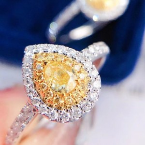 18k solid gold 0.65ct water drop yellow diamond stone 1.9g engagement ring for girl