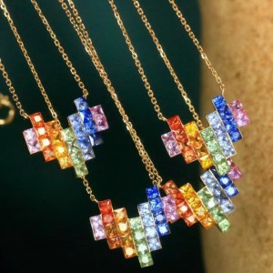 Tuochen Jewelry New 18k Yellow Gold Colorful Sapphire Rainbow Heart Necklace