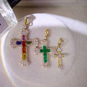 Tuochen Jewelry New Design18K/14k/10k Gold with Natural Color Stone Head Cross Pendant